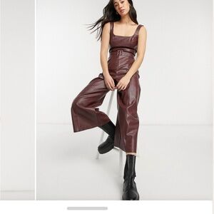 ASOS DESIGN PU square neck belted jumpsuit in brown